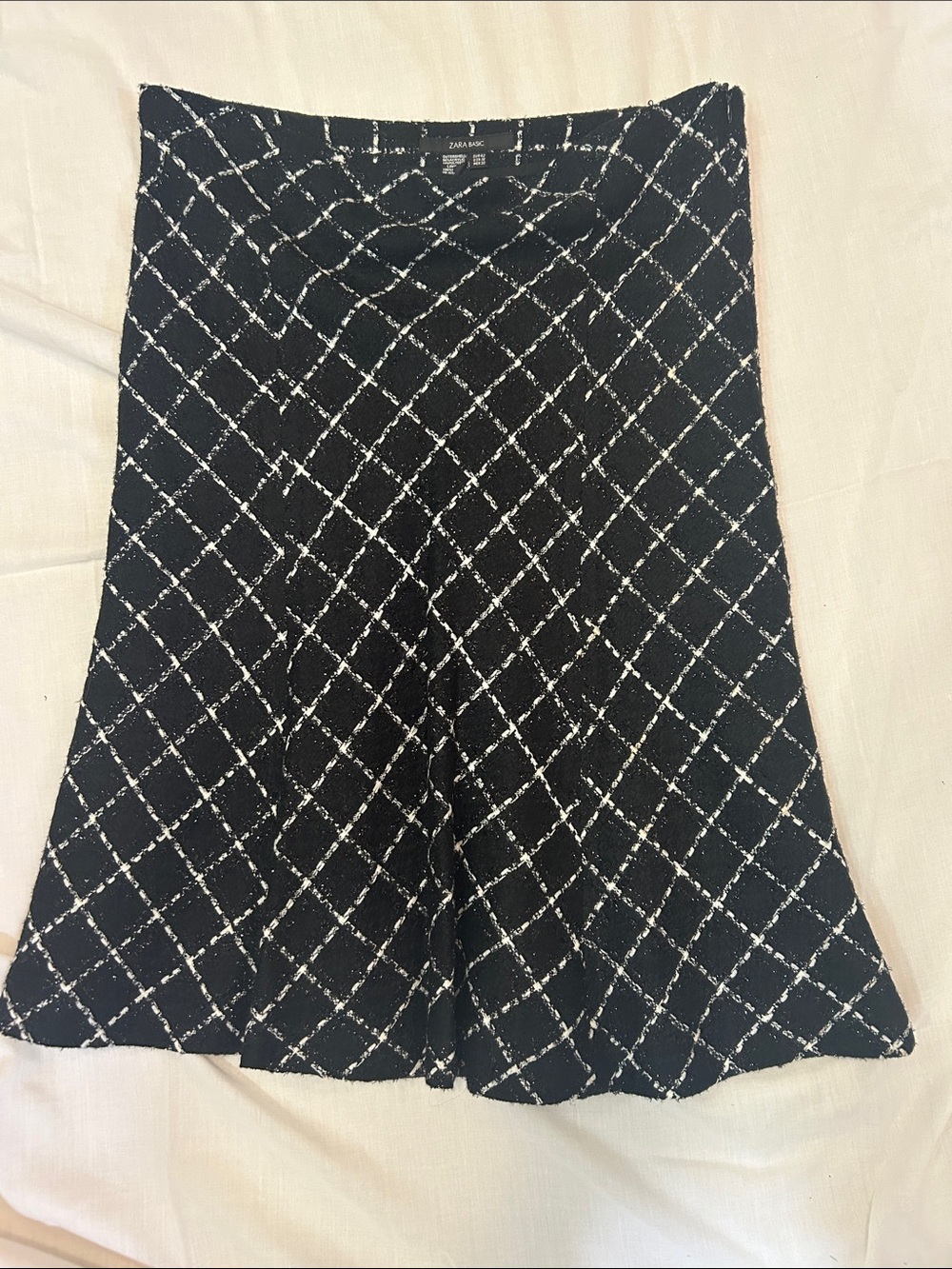 Zara Black Tweed A-Line Skirt with White Windowpane Pattern